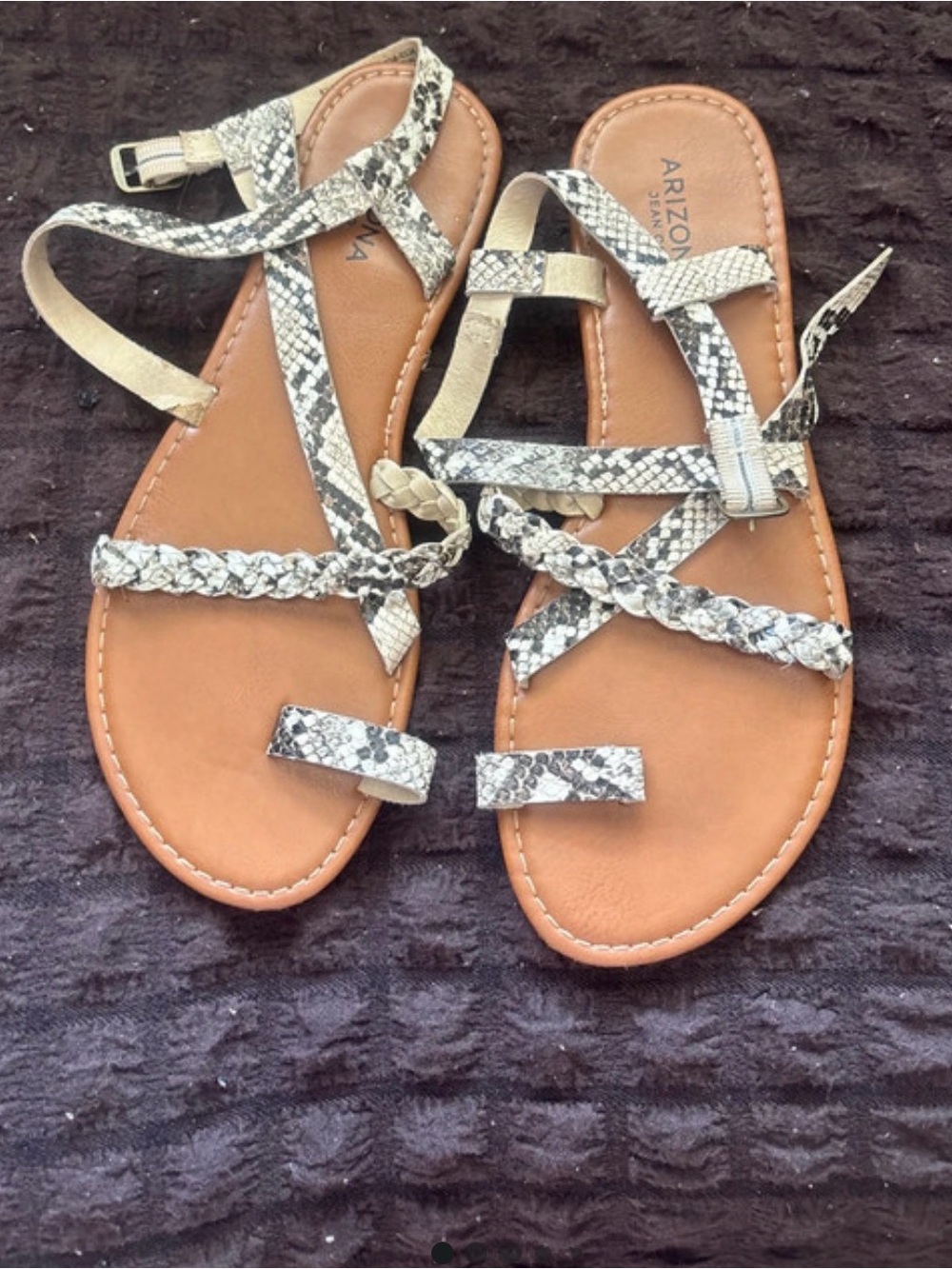 Arizona Snake-Print Braided-Strap Sandals in Tan and Black
